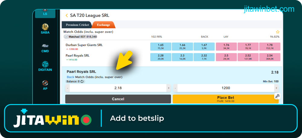 Add selection to Jitawin betslip