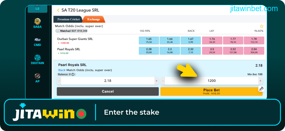 Enter stake amount in Jitawin