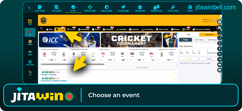Select cricket match on Jitawin platform