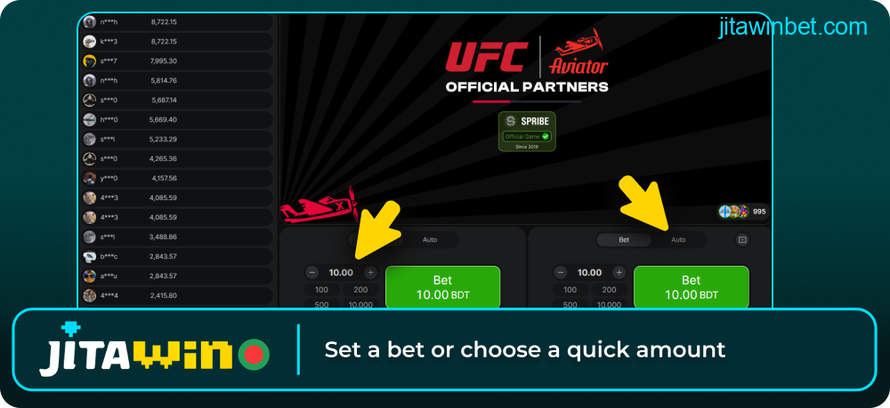 Set bet amount and auto on Jitawin